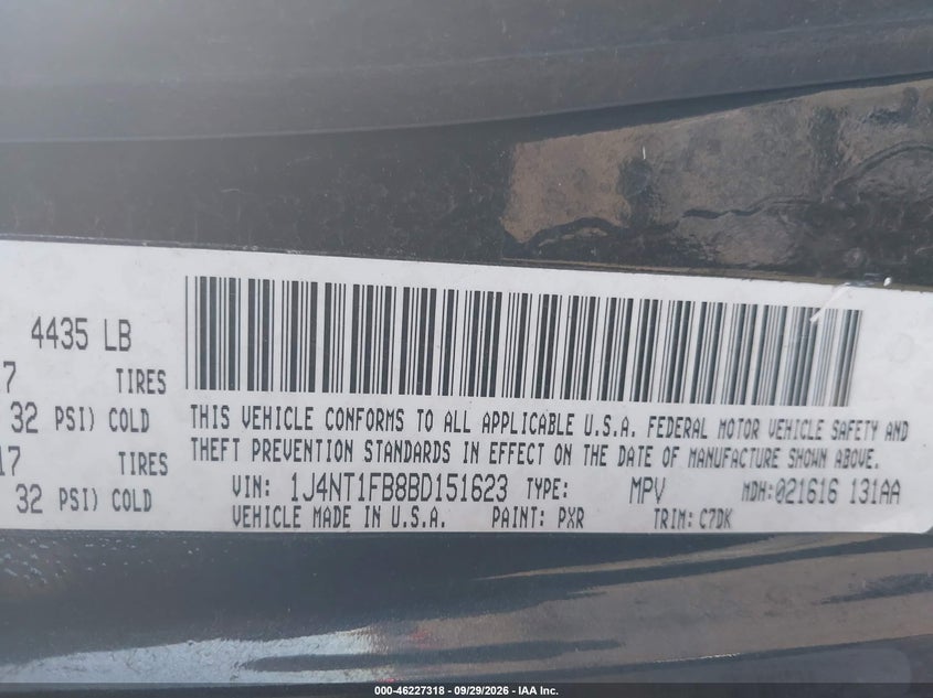JEEP COMPASS 2011 VIN 1J4NT1FB8BD151623
