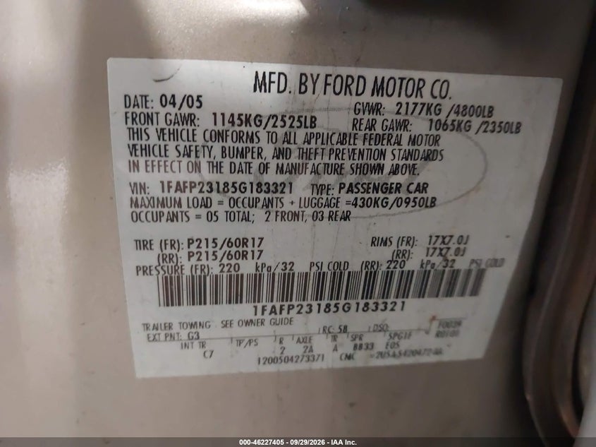 FORD FIVE HUNDRED 2005 VIN 1FAFP23185G183321
