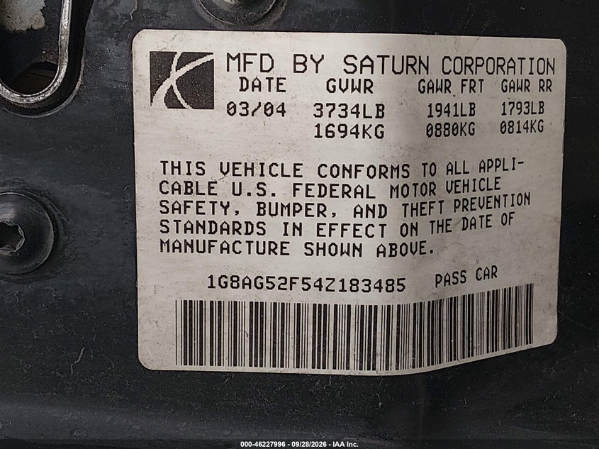 SATURN ION 2004 VIN 1G8AG52F54Z183485