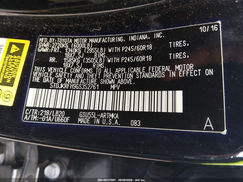 TOYOTA HIGHLANDER 2016 VIN 5TDJKRFH9GS352761