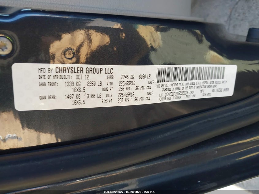 DODGE GRAND CARAVAN 2013 VIN 2C4RDGCG3DR592129