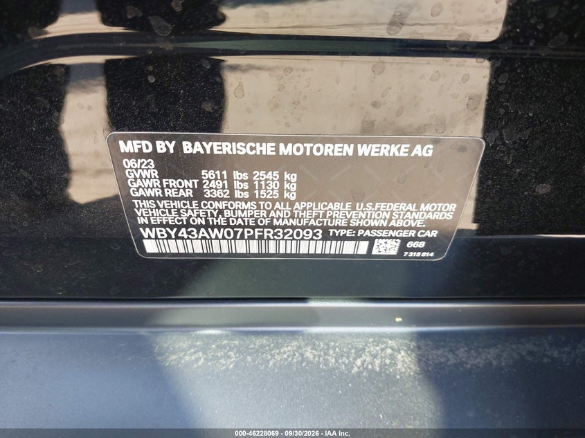 BMW I4 2023 VIN WBY43AW07PFR32093