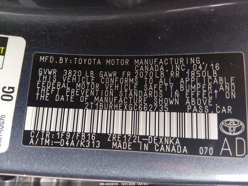 TOYOTA COROLLA 2016 VIN 2T1BURHEXGC662735