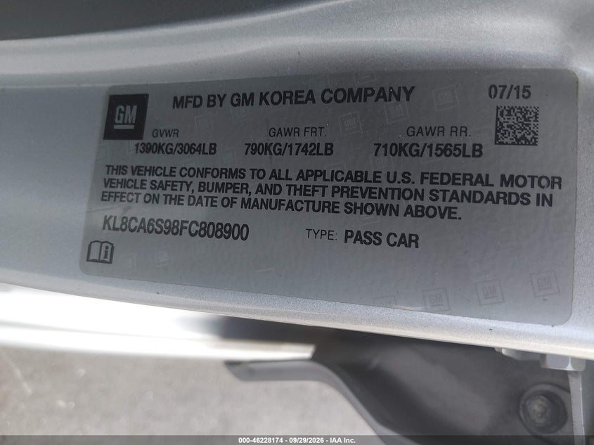 CHEVROLET SPARK 2015 VIN KL8CA6S98FC808900