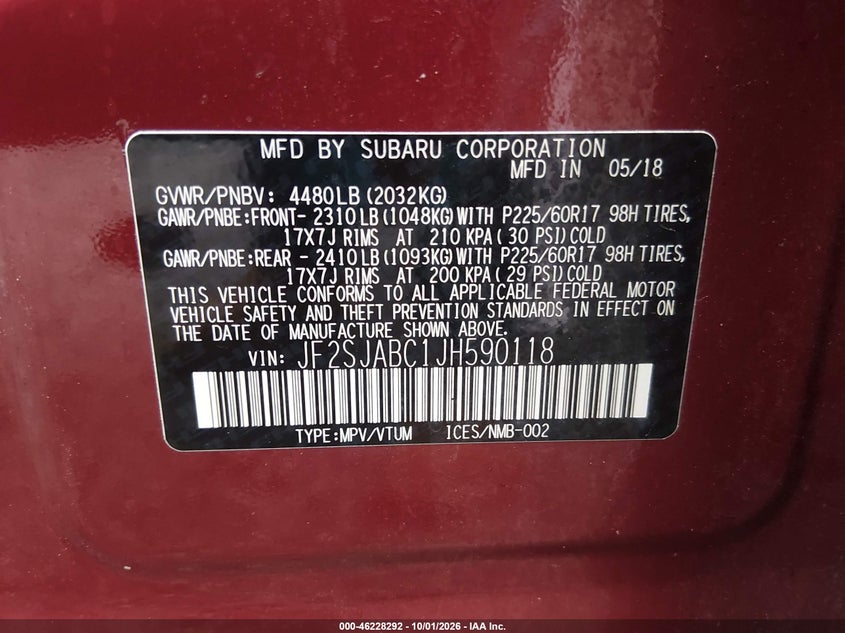 SUBARU FORESTER 2018 VIN JF2SJABC1JH590118