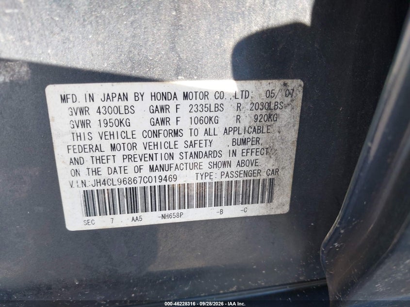 ACURA TSX 2007 VIN JH4CL96867C019469
