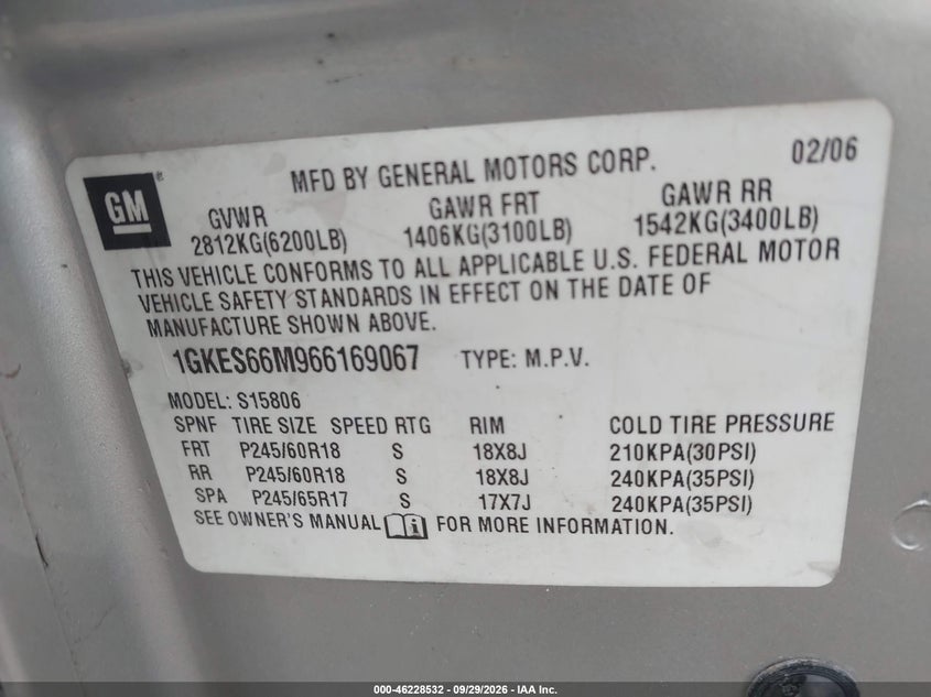 GMC ENVOY XL 2006 VIN 1GKES66M966169067