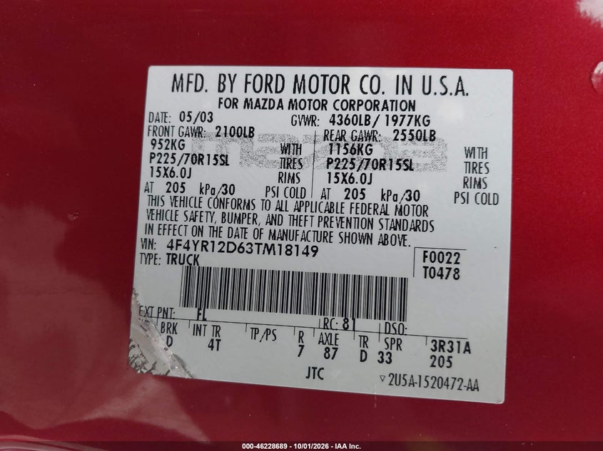 MAZDA B2300 2003 VIN 4F4YR12D63TM18149