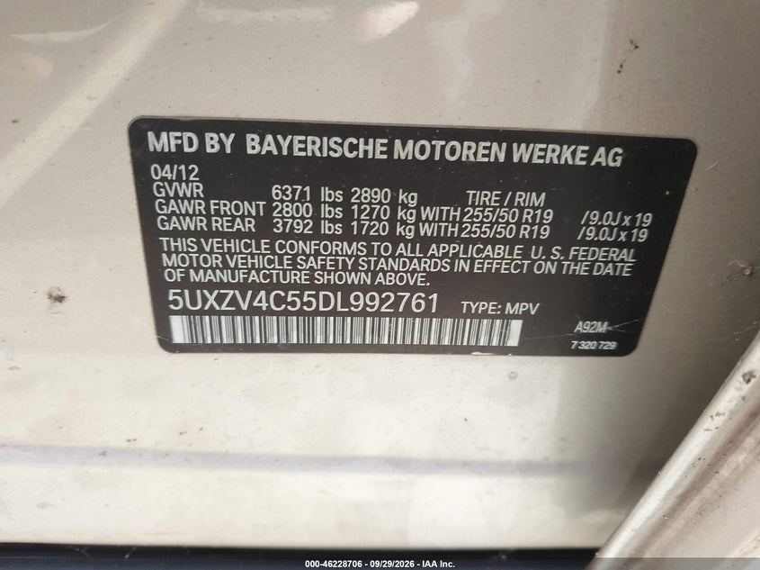 BMW X5 2013 VIN 5UXZV4C55DL992761
