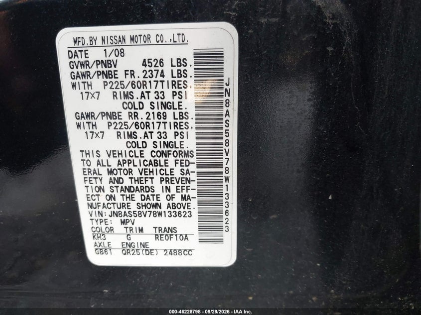 NISSAN ROGUE 2008 VIN JN8AS58V78W133623