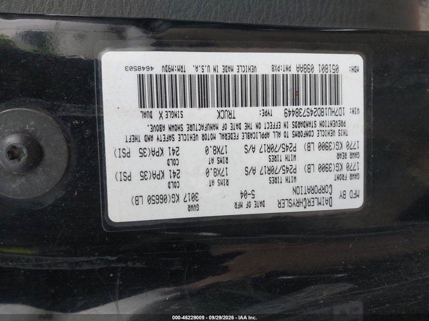 DODGE RAM 1500 2004 VIN 1D7HU18D24S738449