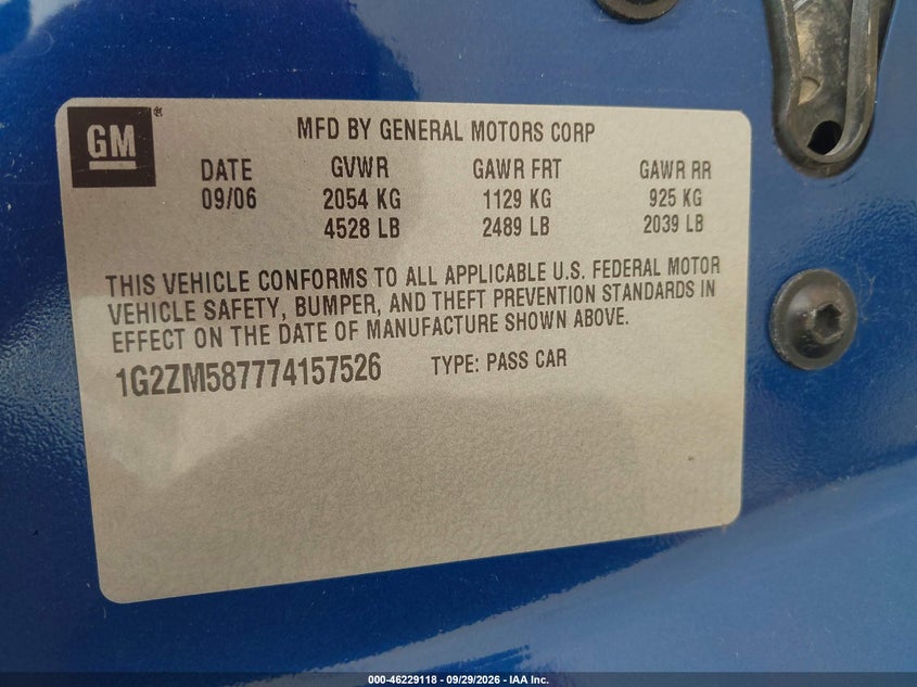 PONTIAC G6 2007 VIN 1G2ZM587774157526