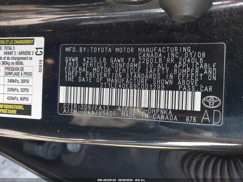 TOYOTA MATRIX 2009 VIN 2T1LE40E69C001299