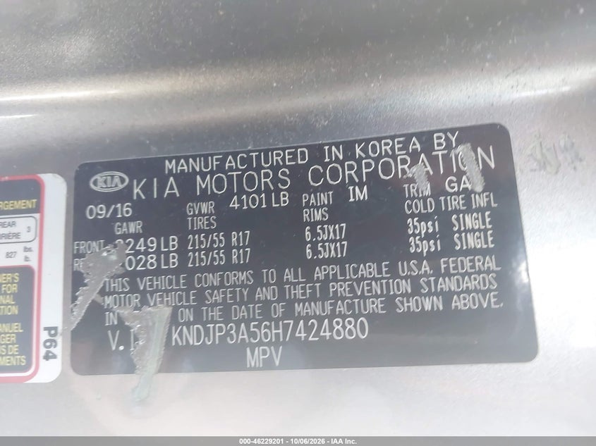 KIA SOUL 2017 VIN KNDJP3A56H7424880