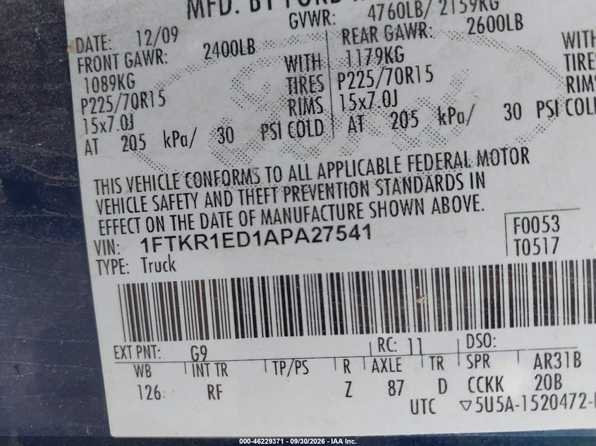 FORD RANGER 2010 VIN 1FTKR1ED1APA27541