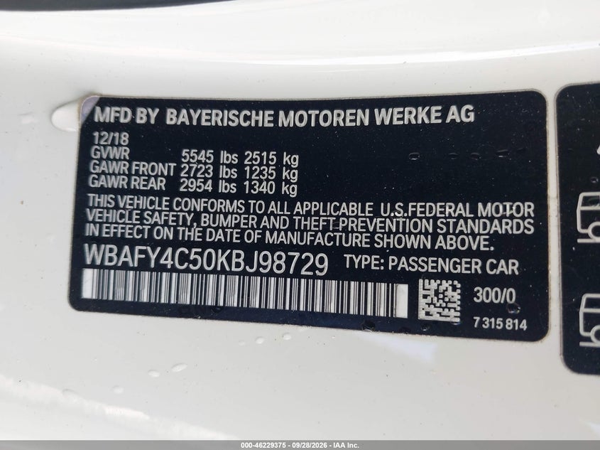 BMW M850I 2019 VIN WBAFY4C50KBJ98729