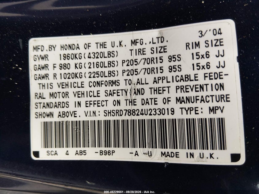 HONDA CR-V 2004 VIN SHSRD78824U233019
