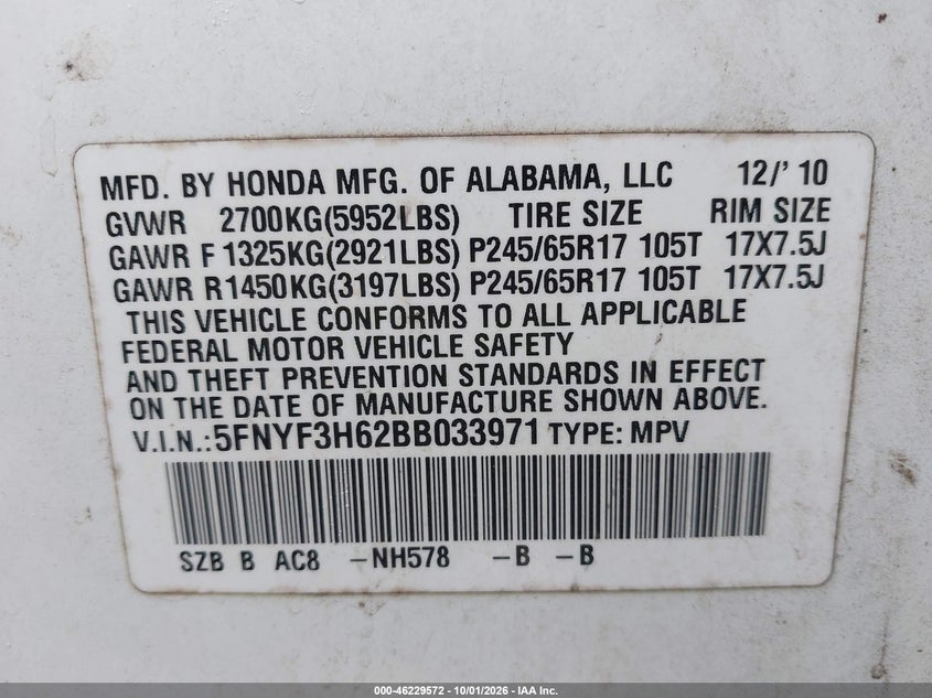 HONDA PILOT 2011 VIN 5FNYF3H62BB033971