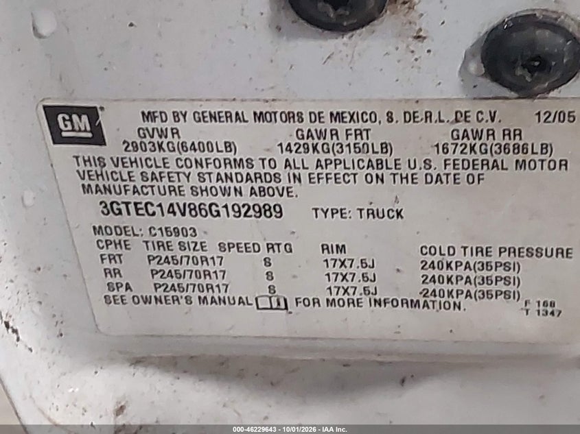 GMC SIERRA 1500 2006 VIN 3GTEC14V86G192989