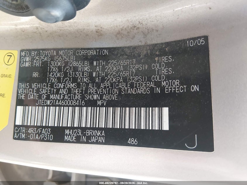 TOYOTA HIGHLANDER HYBRID 2006 VIN JTEDW21A460008416