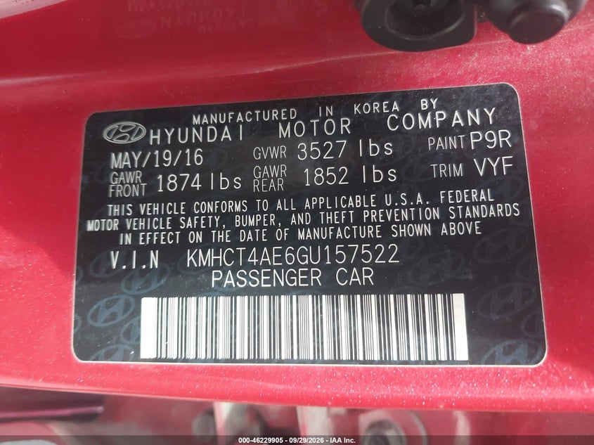 HYUNDAI ACCENT 2016 VIN KMHCT4AE6GU157522