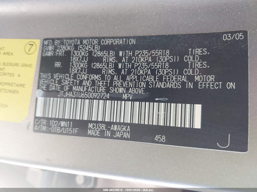 LEXUS RX 330 2005 VIN JTJHA31U650092724