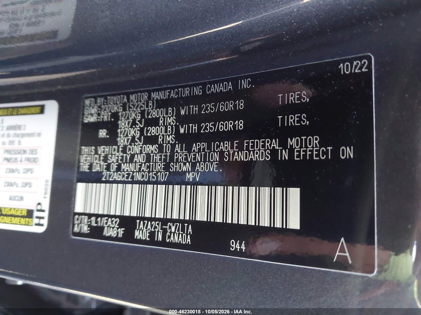 LEXUS NX 350 2022 VIN 2T2AGCEZ1NC015107
