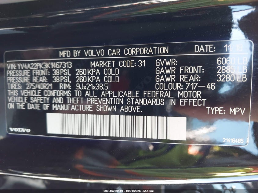 VOLVO XC90 2019 VIN YV4A22PK3K1467313