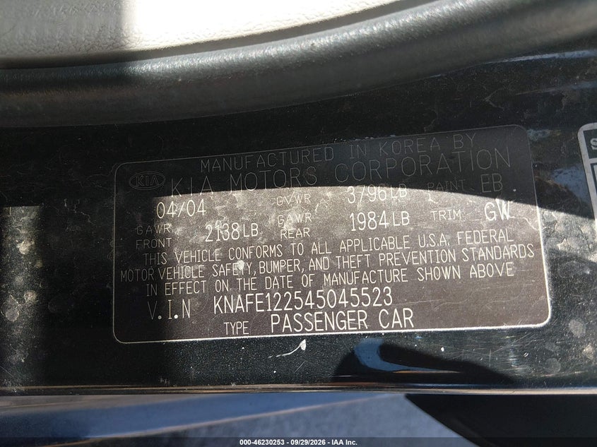 KIA SPECTRA 2004 VIN KNAFE122545045523