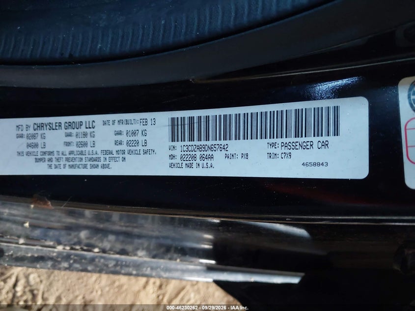 DODGE AVENGER 2013 VIN 1C3CDZAB9DN657642