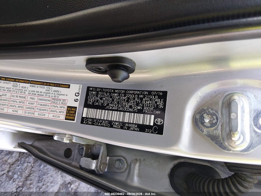 TOYOTA PRIUS 2016 VIN JTDKARFUXG3028675