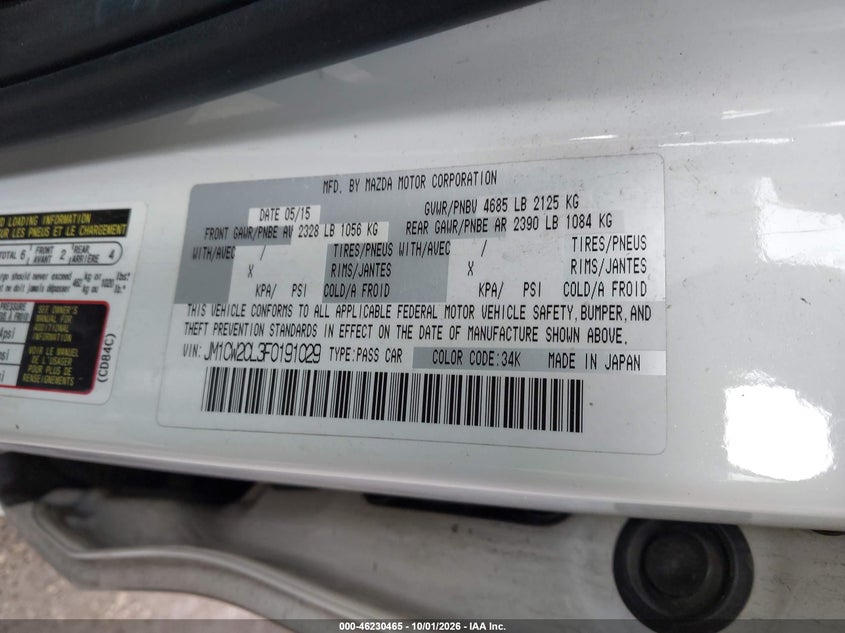 MAZDA MAZDA5 2015 VIN JM1CW2CL3F0191029