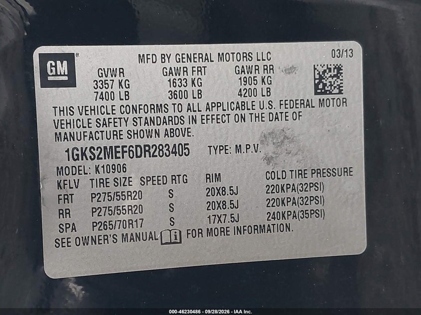 GMC YUKON XL 1500 2013 VIN 1GKS2MEF6DR283405