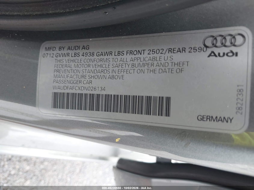 AUDI A6 2013 VIN WAUDFAFCXDN026134