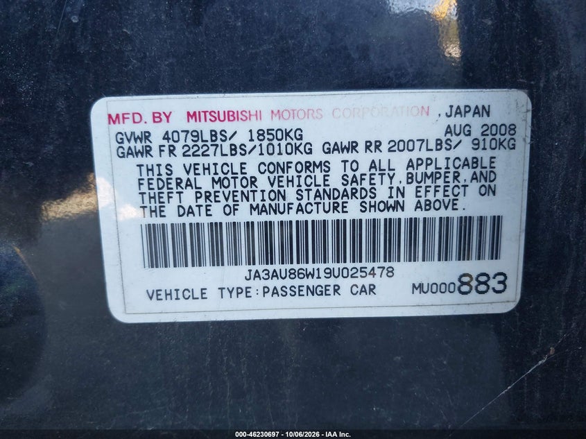 MITSUBISHI LANCER 2009 VIN JA3AU86W19U025478