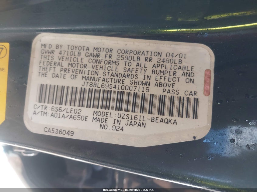 LEXUS GS 430 2001 VIN JT8BL69S410007119