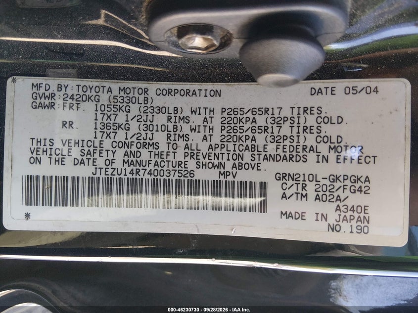 TOYOTA 4RUNNER 2004 VIN JTEZU14R740037526