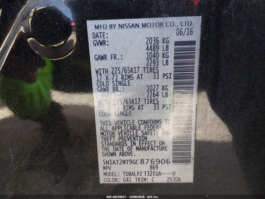 NISSAN ROGUE 2016 VIN 5N1AT2MT9GC876906