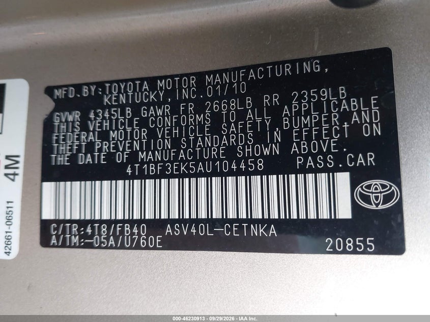 TOYOTA CAMRY 2010 VIN 4T1BF3EK5AU104458