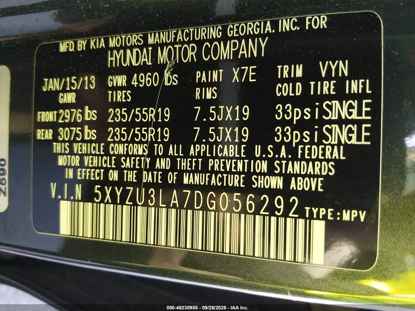 HYUNDAI SANTA FE 2013 VIN 5XYZU3LA7DG056292