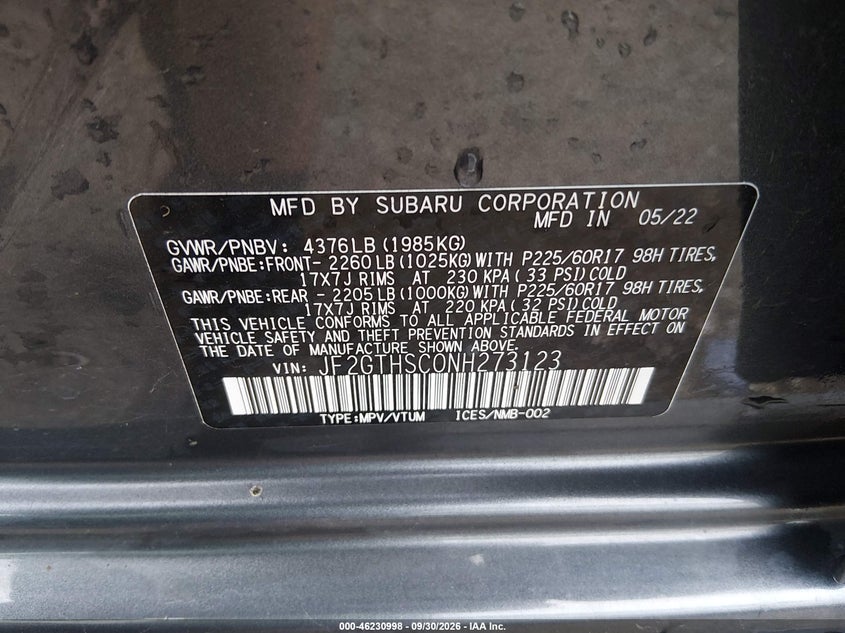 SUBARU CROSSTREK 2022 VIN JF2GTHSC0NH273123