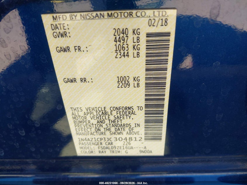 NISSAN LEAF 2018 VIN 1N4AZ1CP3JC304812