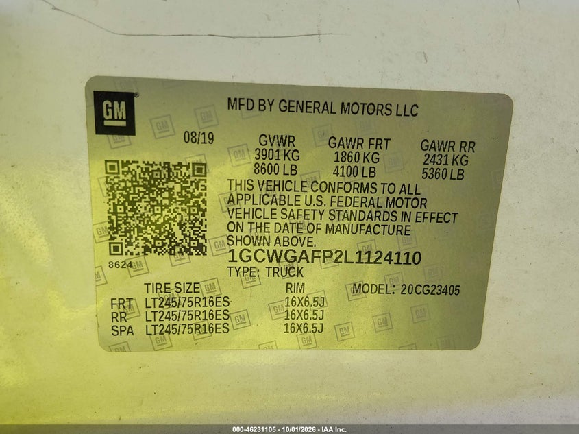Vin: 1gcwgafp2l1124110, lot: 46731099, chevrolet express cargo rwd 2500 regular wheelbase wt 20204