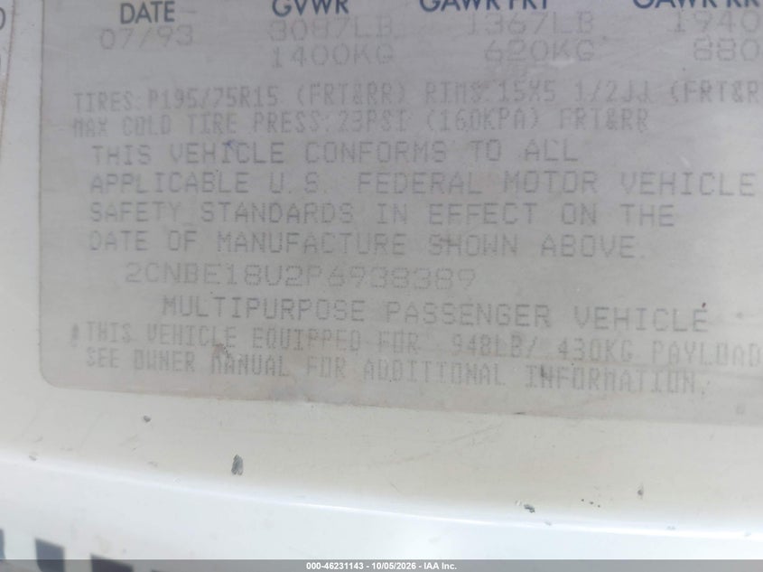 GEO TRACKER 1993 VIN 2CNBE18U2P6938389