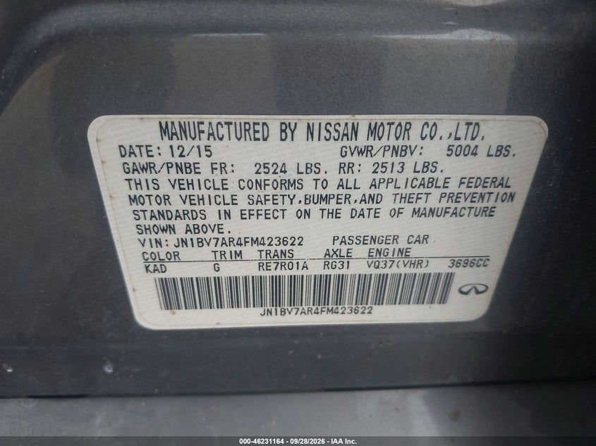 INFINITI Q50 2015 VIN JN1BV7AR4FM423622