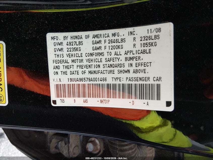 ACURA TL 2009 VIN 19UUA96579A001466