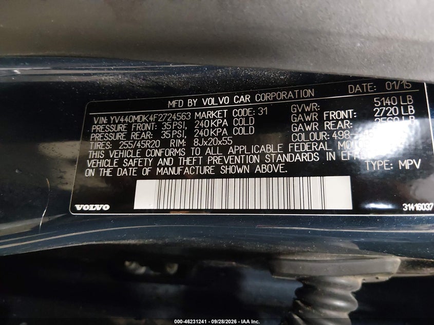 VOLVO XC60 2015 VIN YV440MDK4F2724563