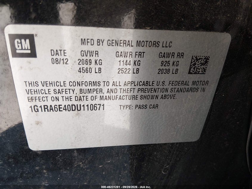 CHEVROLET VOLT 2013 VIN 1G1RA6E40DU110671