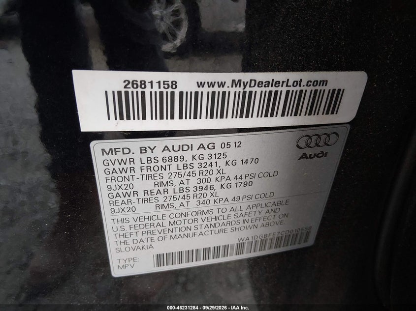 AUDI Q7 2012 VIN WA1DGBFE7CD010558
