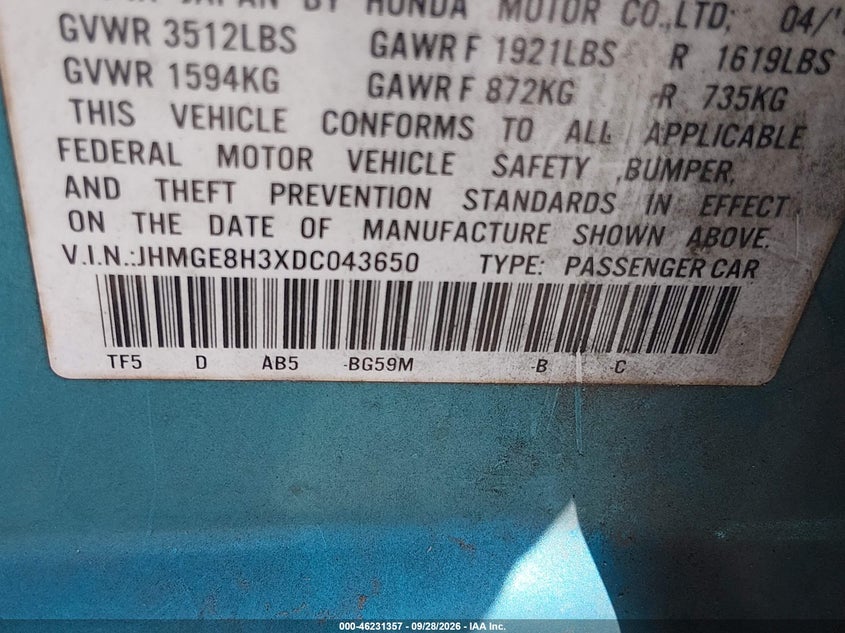 HONDA FIT 2013 VIN JHMGE8H3XDC043650